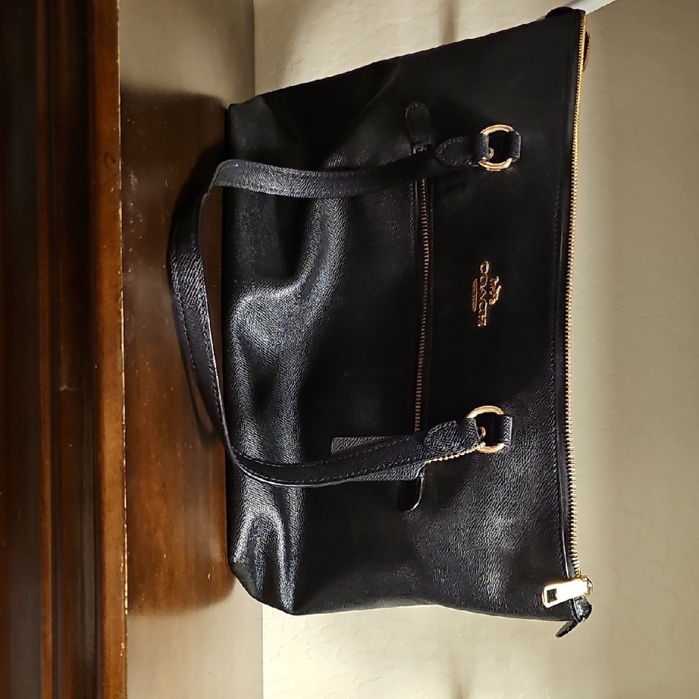 Coach Black Leather Tote with Gold Accents
